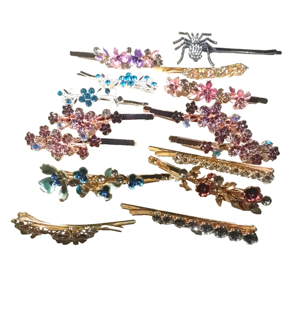 Lot Of 15 Fancy Bobby Pin Hair Barrettes Colorful Rhinestone